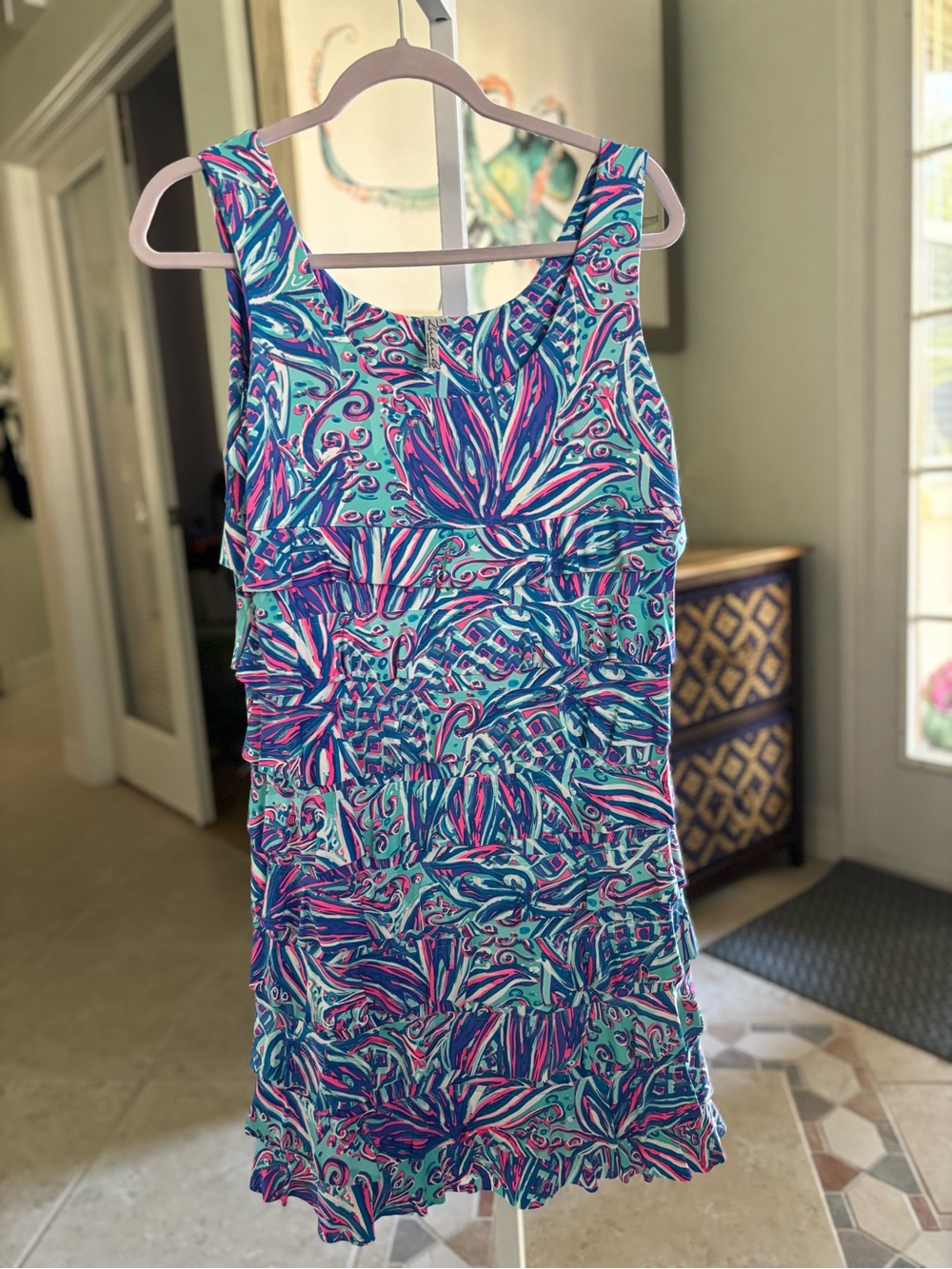 #081 Lulu-B Teal Blue Pink Tropical Ruffle One-Pieced SPF Dress